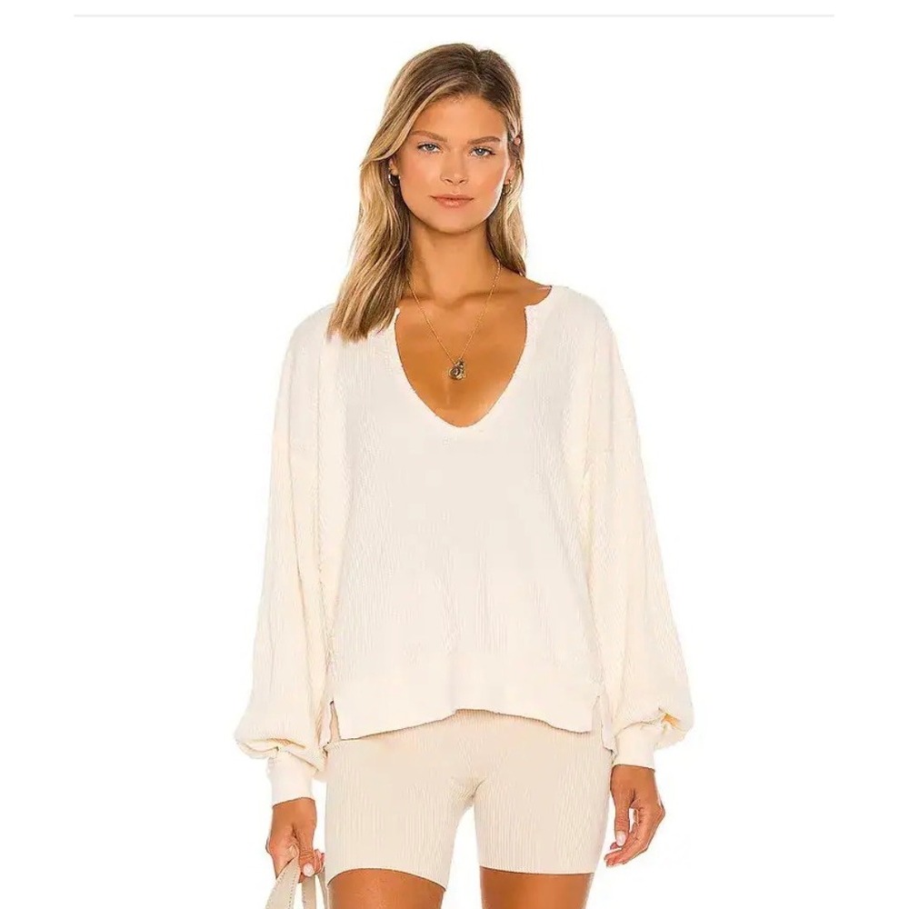 Free People We The Free Buttercup Thermal Top Cream Waffle Knit V-Neck Size XS